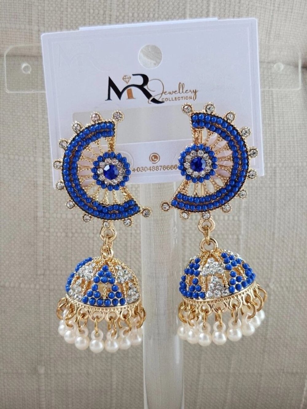 Jhumka Earrings Blue Tone Bead Gold Tone Chandelier High Quality Fashion Jewelry - Picture 9 of 12